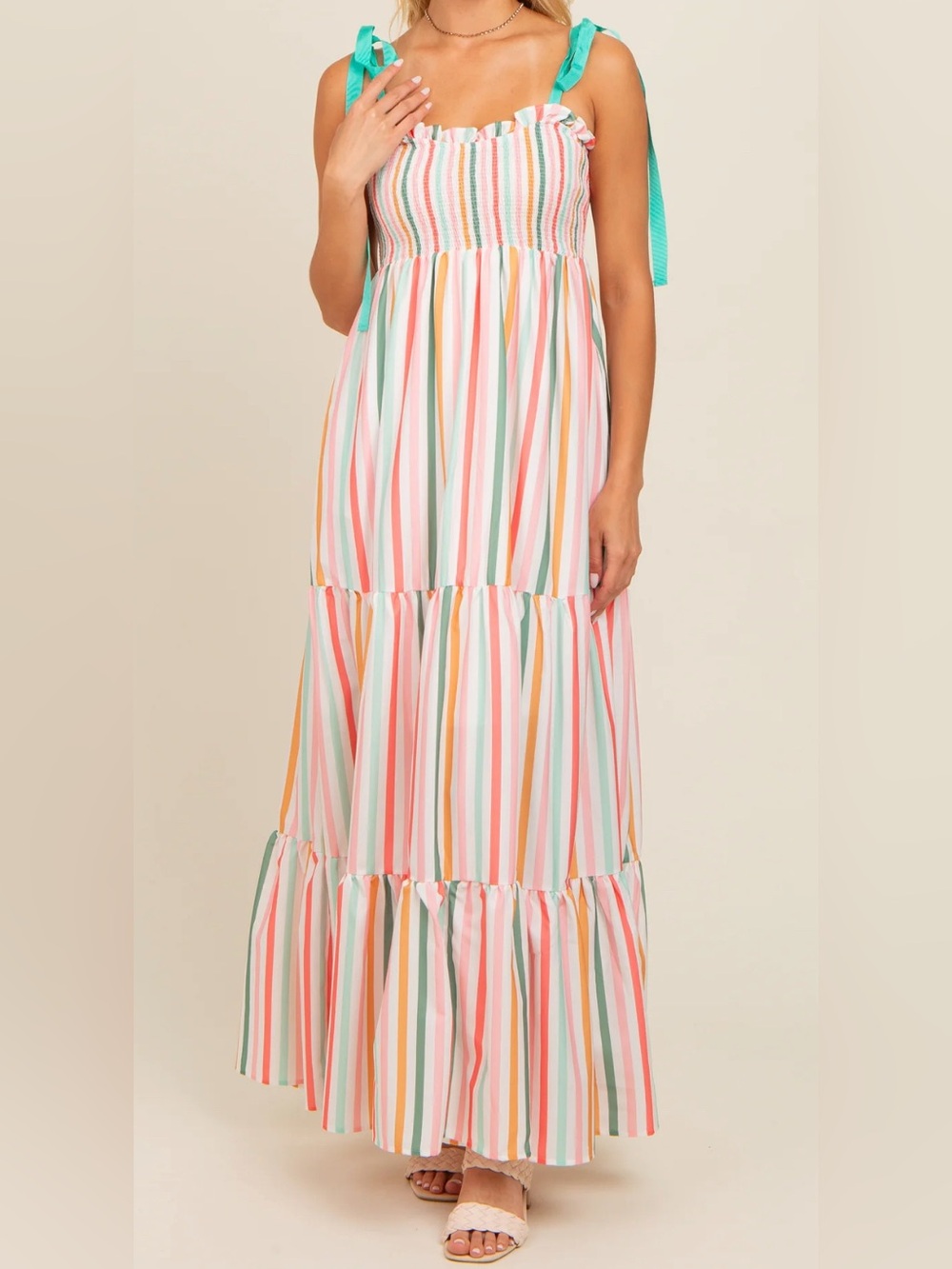 Aura "In the Clouds" Desert Sage Green Multi Stripe Dress Large EUC Bojo
